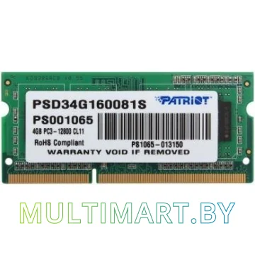 Оперативная память Patriot Signature Line 4GB DDR3 SODIMM PC3-12800 PSD34G160081S